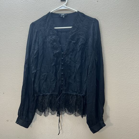 PAIGE 100% Silk Black Lace Whimsigoth Witchy Top SZ S Button Up Classy Career - Picture 1 of 6